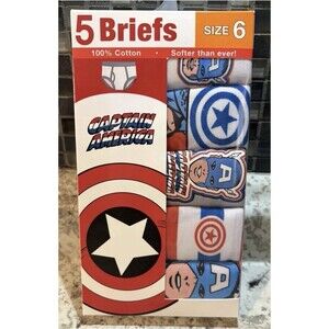Marvel Captain America Boys Size 6 Underwear 5 Pack Briefs Cotton Superhero